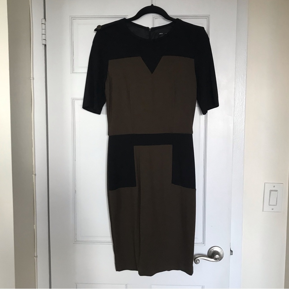 Mango Short sleeve army green brown and black dress with epaulets on shoulders